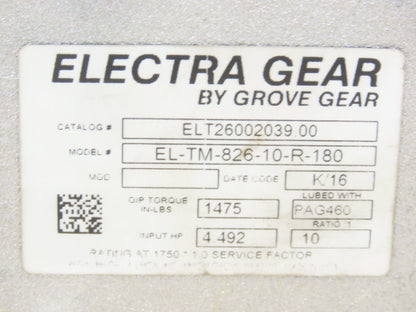 Electra Grove Gear EL-TM-826-10-R-180 Gearbox 10:1 Reducer 4.5Hp 175rpm 180TC RH