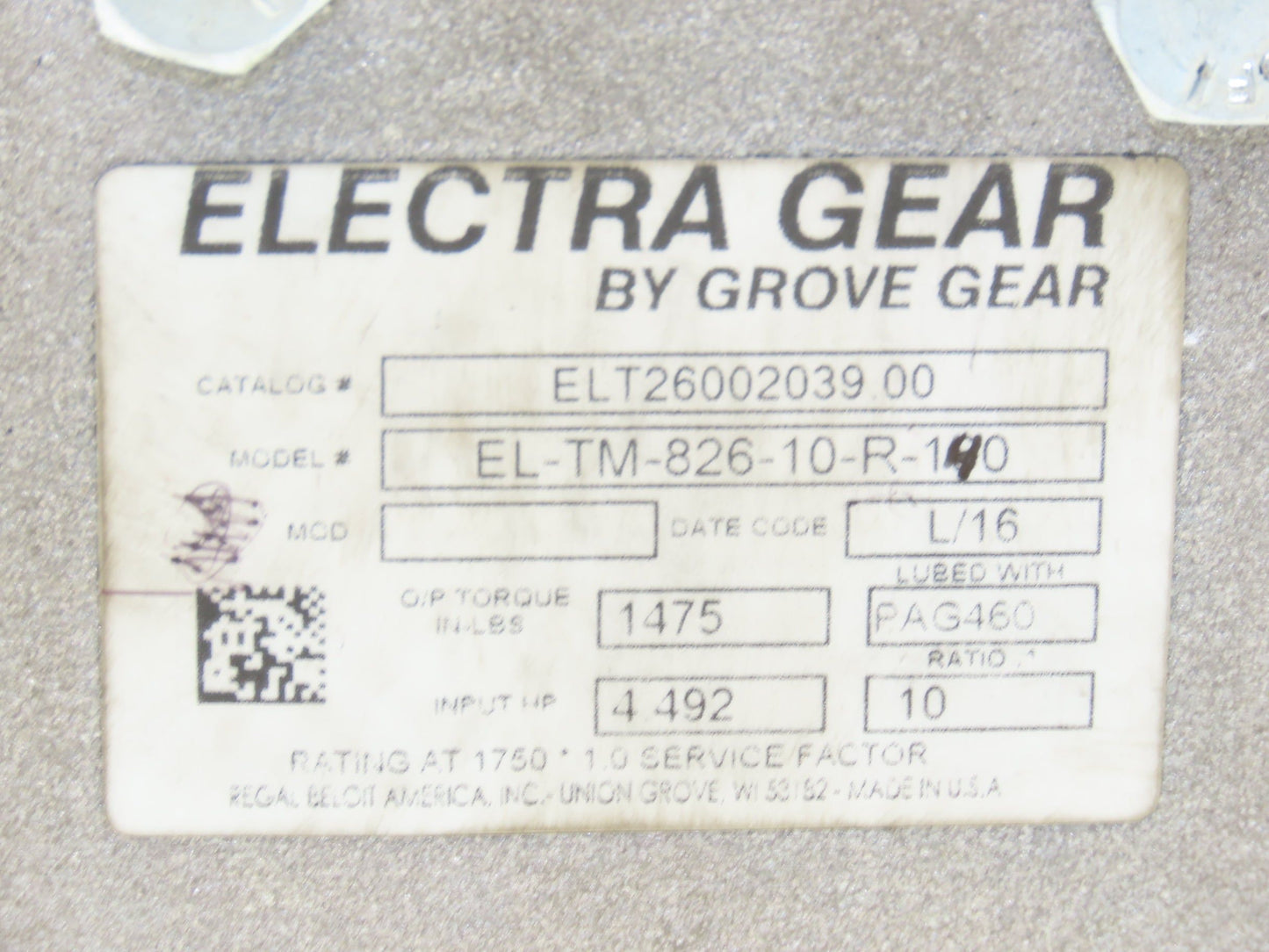 Electra Grove Gear EL-TM-826-10-R-140 Gearbox 10:1 Reducer 4.5Hp 175rpm 180TC RH