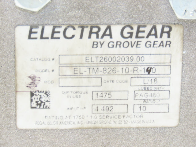 Electra Grove Gear EL-TM-826-10-R-140 Gearbox 10:1 Reducer 4.5Hp 175rpm 180TC RH