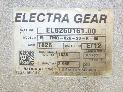 Electra Grove Gear EL-TMQ-826-20-R-56 Worm Gearbox 20:1 Reducer 3Hp 88rpm 56C RH