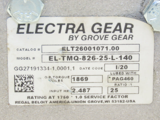 Electra Grove Gear EL-TMQ-826-25-L-140 Gearbox 25:1 Reducer 2.5Hp 70rpm 140TC LH