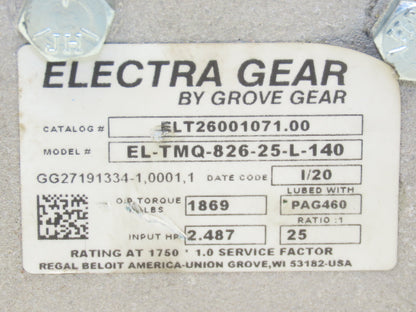 Electra Grove Gear EL-TMQ-826-25-L-140 Gearbox 25:1 Reducer 2.5Hp 70rpm 140TC LH