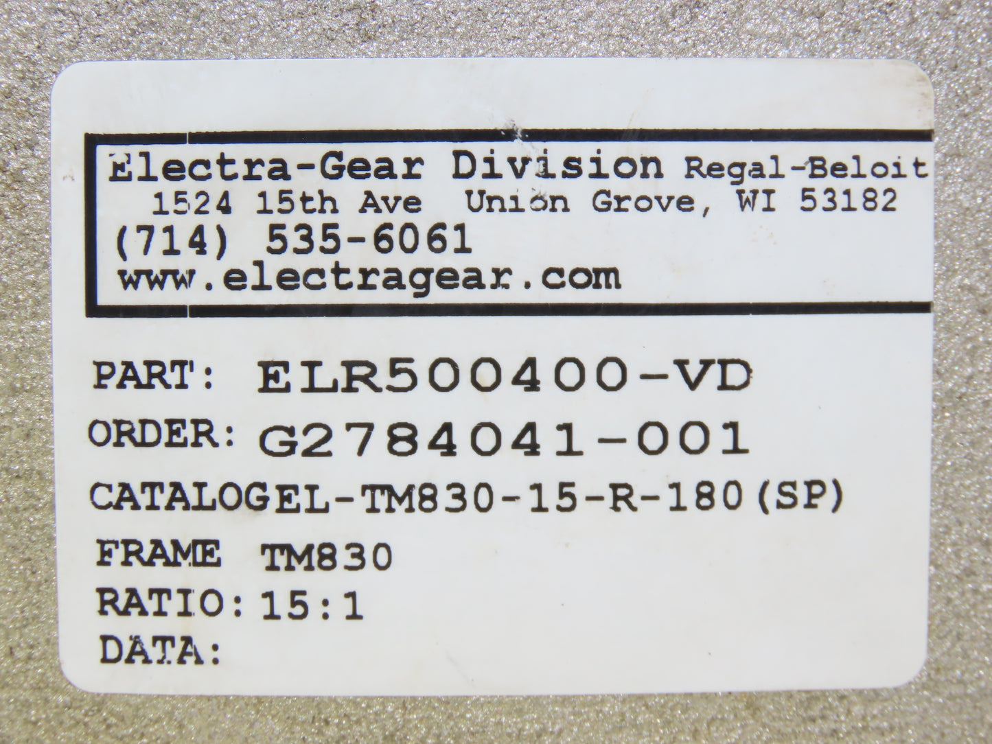 Electra Grove Gear EL-TM-830-15-R-180 Gearbox 15:1 Reducer 3Hp 116rpm 140TC RH