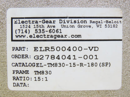 Electra Grove Gear EL-TM-830-15-R-180 Gearbox 15:1 Reducer 3Hp 116rpm 140TC RH