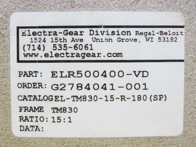 Electra Grove Gear EL-TM-830-15-R-180 Gearbox 15:1 Reducer 3Hp 116rpm 140TC RH