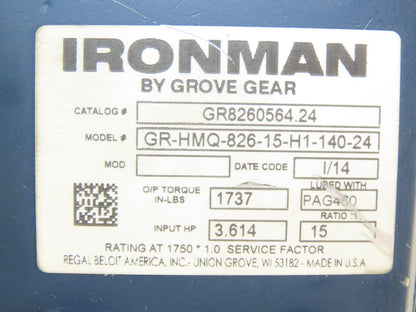 Grove Gear GR-HMQ-826-15-H1-140-24 Ironman Gearbox 15:1 - 116rpm Hollow Shaft