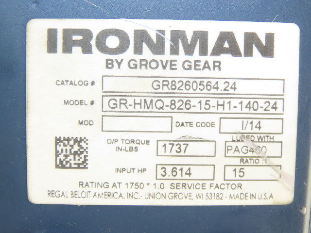 Grove Gear GR-HMQ-826-15-H1-140-24 Ironman Gearbox 15:1 - 116rpm Hollow Shaft