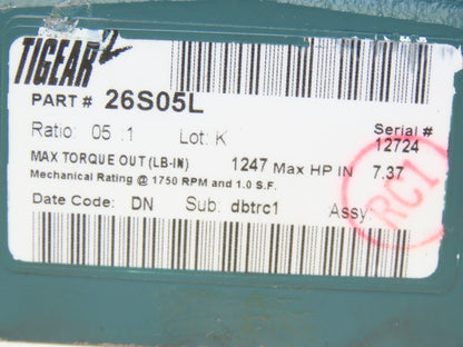 Dodge Tigear 2 26S05L Worm Gearbox 5:1 Reducer 7.37Hp 350rpm Left Hand Output