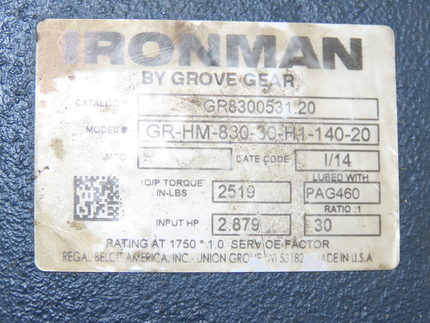 Grove Gear GR-HM830-30-H1-140-20 Ironman Gearbox 30:1 Reducer 2.8Hp 58rpm Hollow