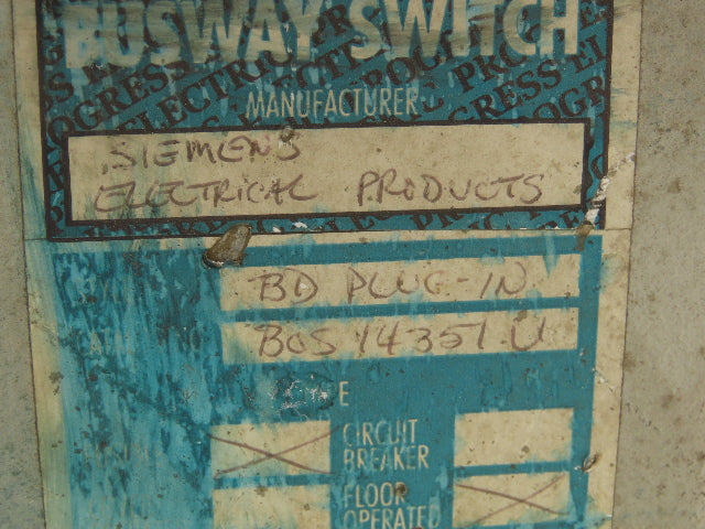 ITE BOS14351-U BD Busway Fusible Disconnect Switch Plug 3-Pole 30A 600V 3Ph
