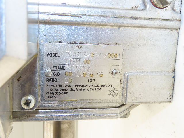 Electra Grove Gear 30AC1820R/FX0001 Gearbox 20:1 Reducer 88rpm 180TC RH w/Fan