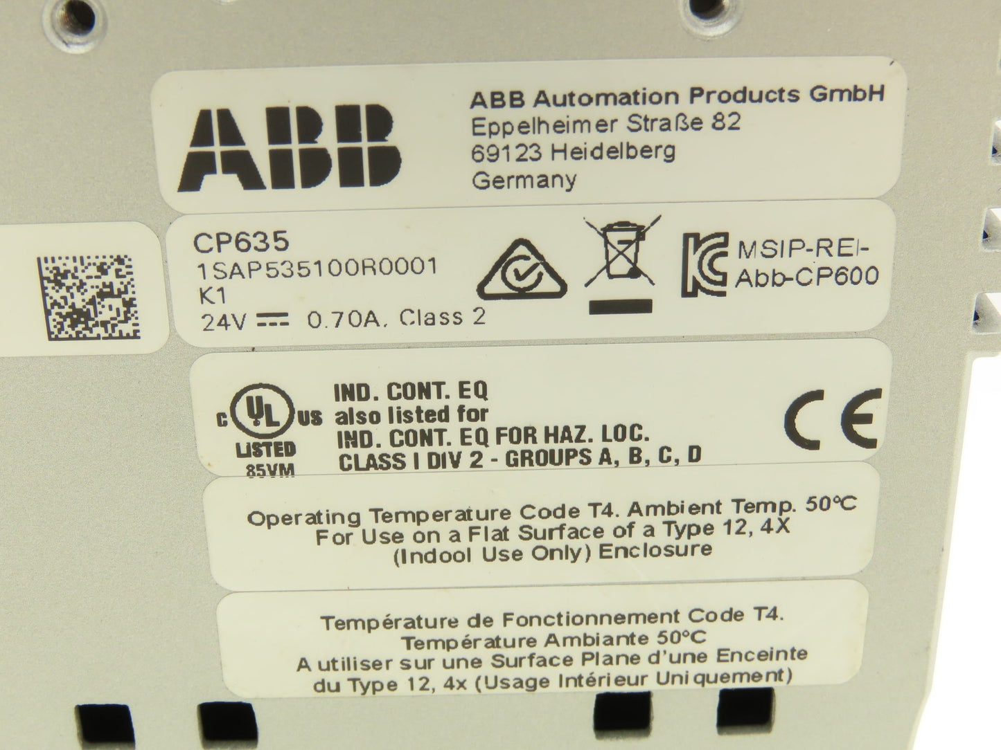 ABB CP635 Display Touch Screen HMI 24VDC 7" 800x480 USB 2.0 Ethernet Serial SD