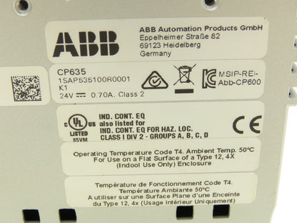 ABB CP635 Display Touch Screen HMI 24VDC 7" 800x480 USB 2.0 Ethernet Serial SD