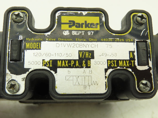 Parker D1VW20BNYCH-75 Hydraulic Solenoid Valve 2-Position 120VAC .5A 5000 psi