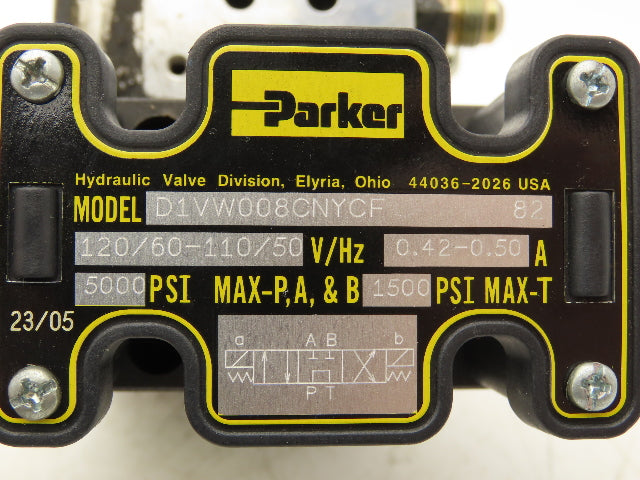 Parker D1VW008CNYCF Hydraulic Double Solenoid Control Valve 5000 psi 120V