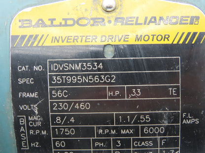 Baldor IDVSNM3534 Inverter Drive AC Motor .33Hp 1750rpm 230/460V 3PH 56C