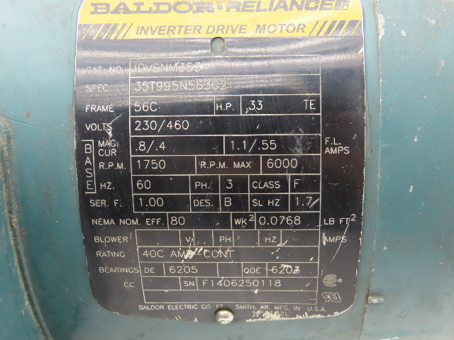 Baldor IDVSNM3534 Inverter Drive AC Motor .33Hp 1750rpm 230/460V 3PH 56C