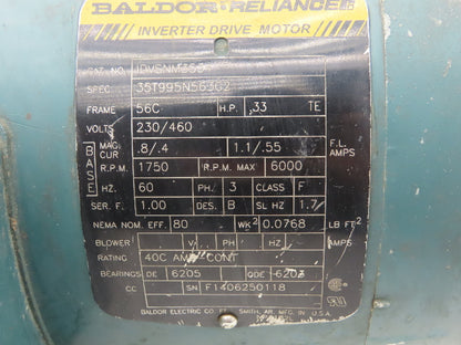 Baldor IDVSNM3534 Inverter Drive AC Motor .33Hp 1750rpm 230/460V 3PH 56C