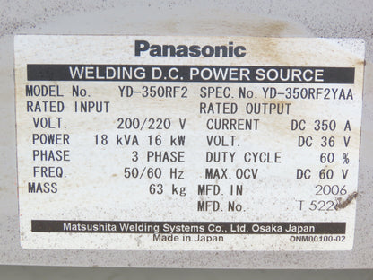 Panasonic YD-350RF2 Pana Star 350A Robot Welding 36V DC Power Source 200V 18kva