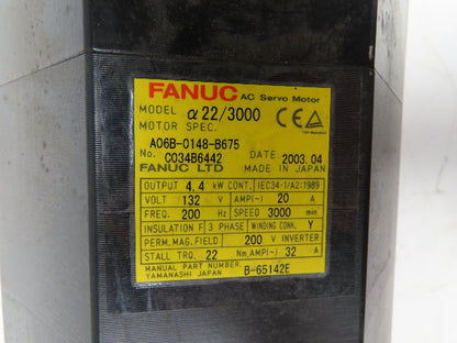 Fanuc A06B-0148-B675 AC Servo Motor A22/3000 20A 3000RPM Encoder ***READ***
