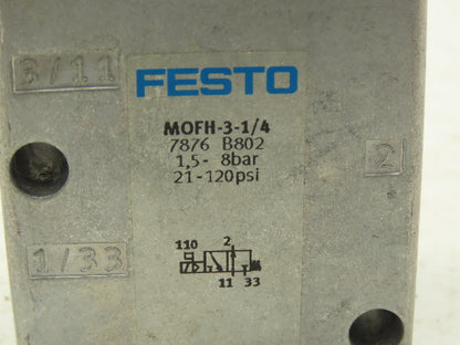 Festo MOFH-3-1/4 Pneumatic Control Valve 2 Pos 3 Way 120 PSI 1/4"NPT