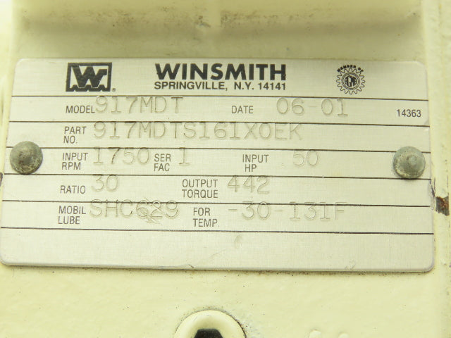 Winsmith 917MDT Worm Gearbox 30:1 Reducer 1/2Hp 58rpm 56C LH Output