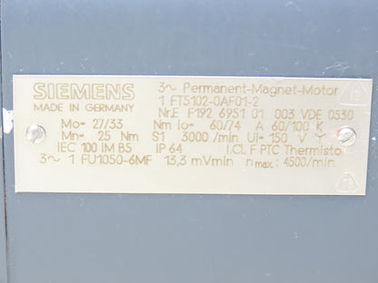 Siemens 1FT5102-0AF01-2 Servo Motor 150V 3000rpm 3PH IEC 100 IM B5 1FU1050-6MF