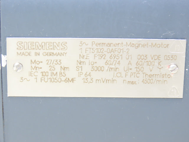 Siemens 1FT5102-0AF01-2 Servo Motor 150V 3000rpm 3PH IEC 100 IM B5 1FU1050-6MF