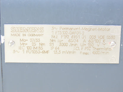 Siemens 1FT5102-0AF01-2 Servo Motor 150V 3000rpm 3PH IEC 100 IM B5 1FU1050-6MF