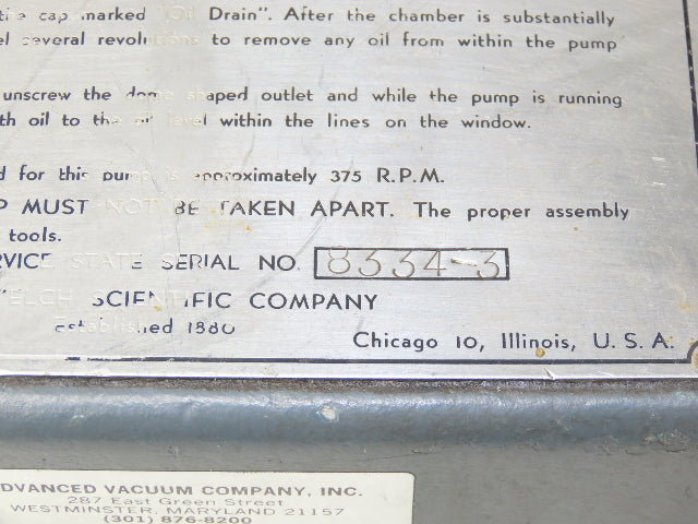 Welch Scientific Duo-Seal Belt Drive Rotary Vacuum Pump 115/230V 1PH