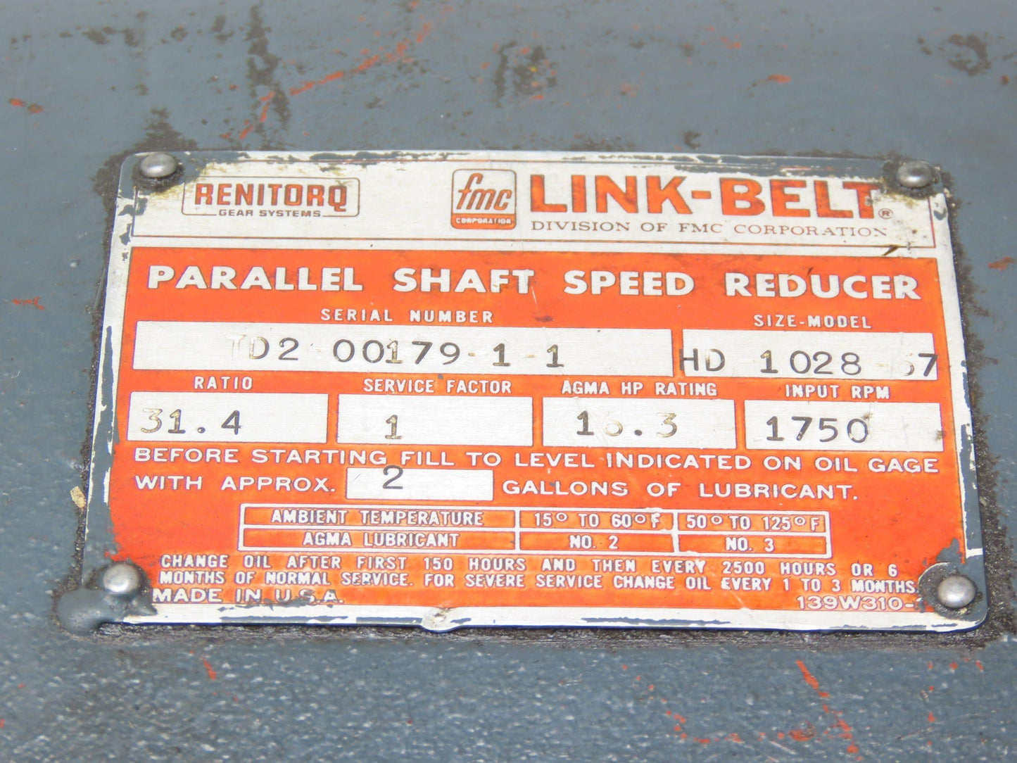 Renitorq Link-Belt HD 1028-67 Parallel Drive Gearbox 31.4:1 Reducer 16Hp 56rpm