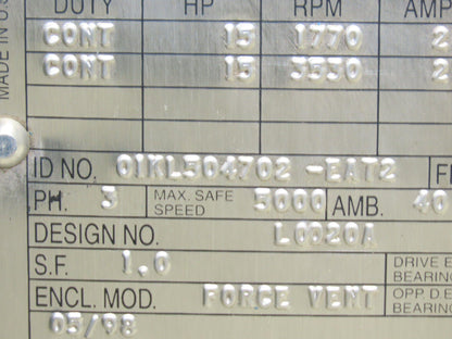 Reliance L2153C RPM AC Motor 15Hp 1770/3500 RPM 460V 3PH 0IKL504702-EAT2