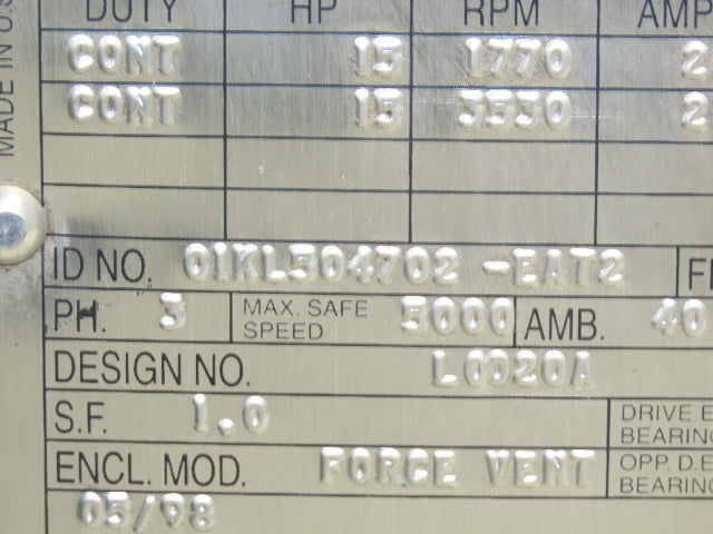 Reliance L2153C RPM AC Motor 15Hp 1770/3500 RPM 460V 3PH 0IKL504702-EAT2