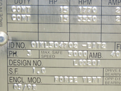 Reliance L2153C RPM AC Motor 15Hp 1770/3500 RPM 460V 3PH 0IKL504702-EAT2
