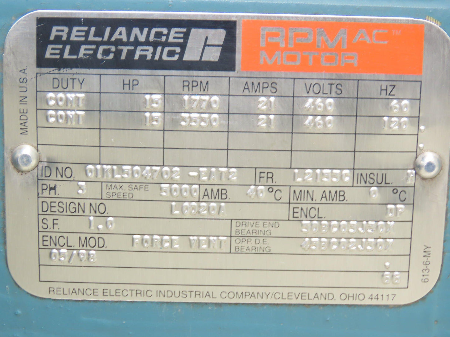 Reliance L2153C RPM AC Motor 15Hp 1770/3500 RPM 460V 3PH 0IKL504702-EAT2