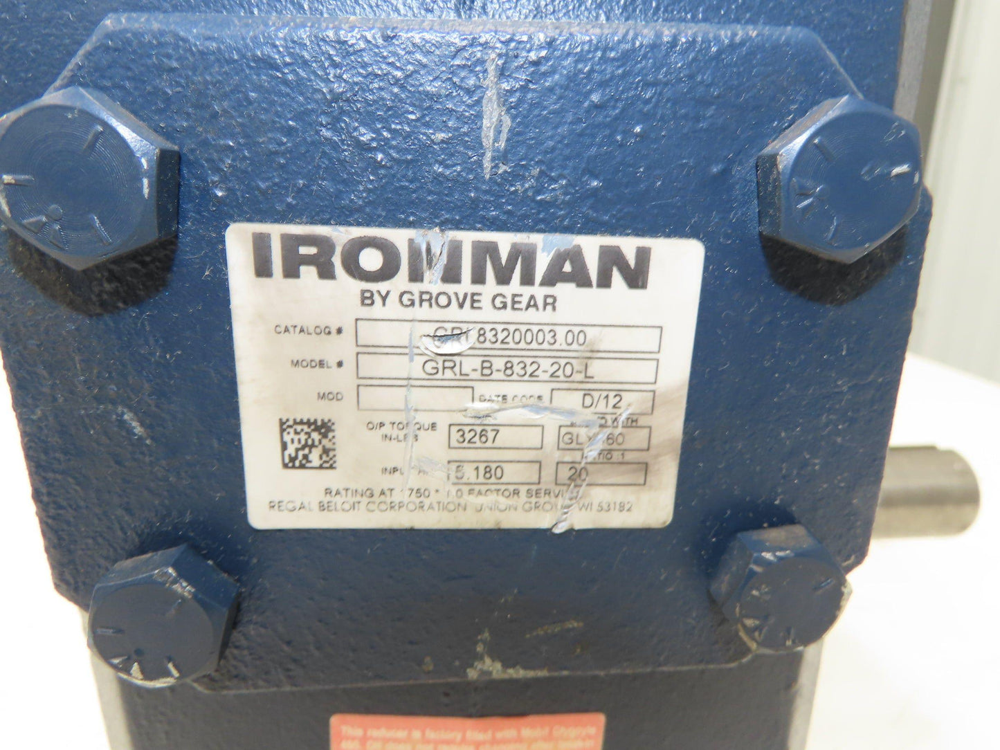 Grove Gear Ironman GRL-B-832-20-L Worm Gearbox 20:1 Reducer 5Hp 88rpm LH Output