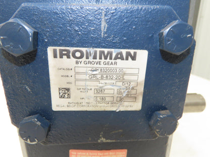 Grove Gear Ironman GRL-B-832-20-L Worm Gearbox 20:1 Reducer 5Hp 88rpm LH Output
