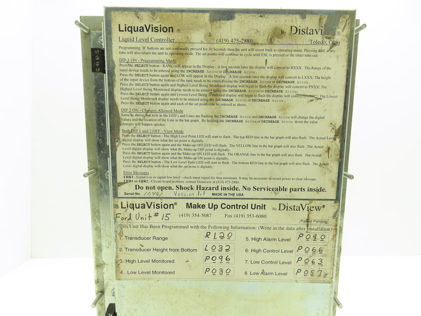 DistaView LiquaVision Liquid Level Make-Up Control Unit Version 1.1