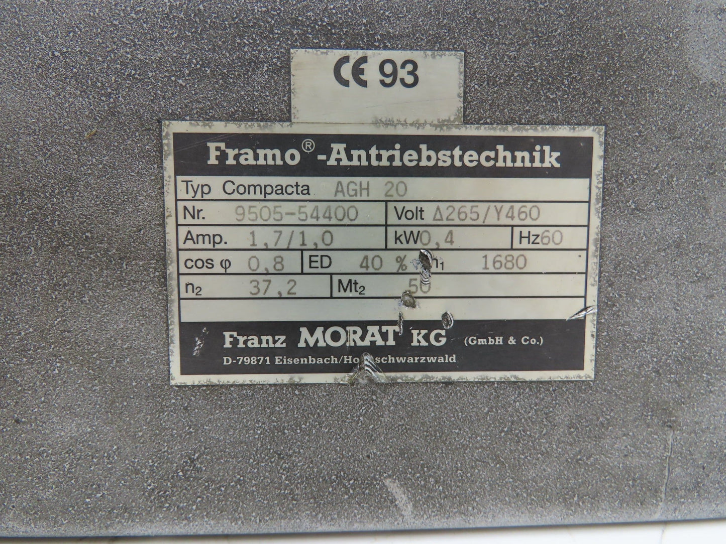 Framo Morat Compacta AGH 20 Gearmotor Rotary Actuator 37.2RPM 50Nm 0.4kw 50:1
