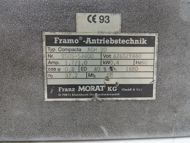 Framo Morat Compacta AGH 20 Gearmotor Rotary Actuator 37.2RPM 50Nm 0.4kw 50:1
