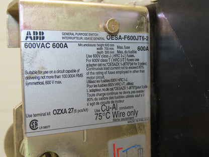 ABB OESA-F600JT6-2 Fusible Disconnect Switch 600A 600VAC 2 Pole Fused