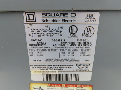 Square D 5SQ58111 Stepdown Power Transformer 5kVA 1Ph HV 480/575 LV 120/240