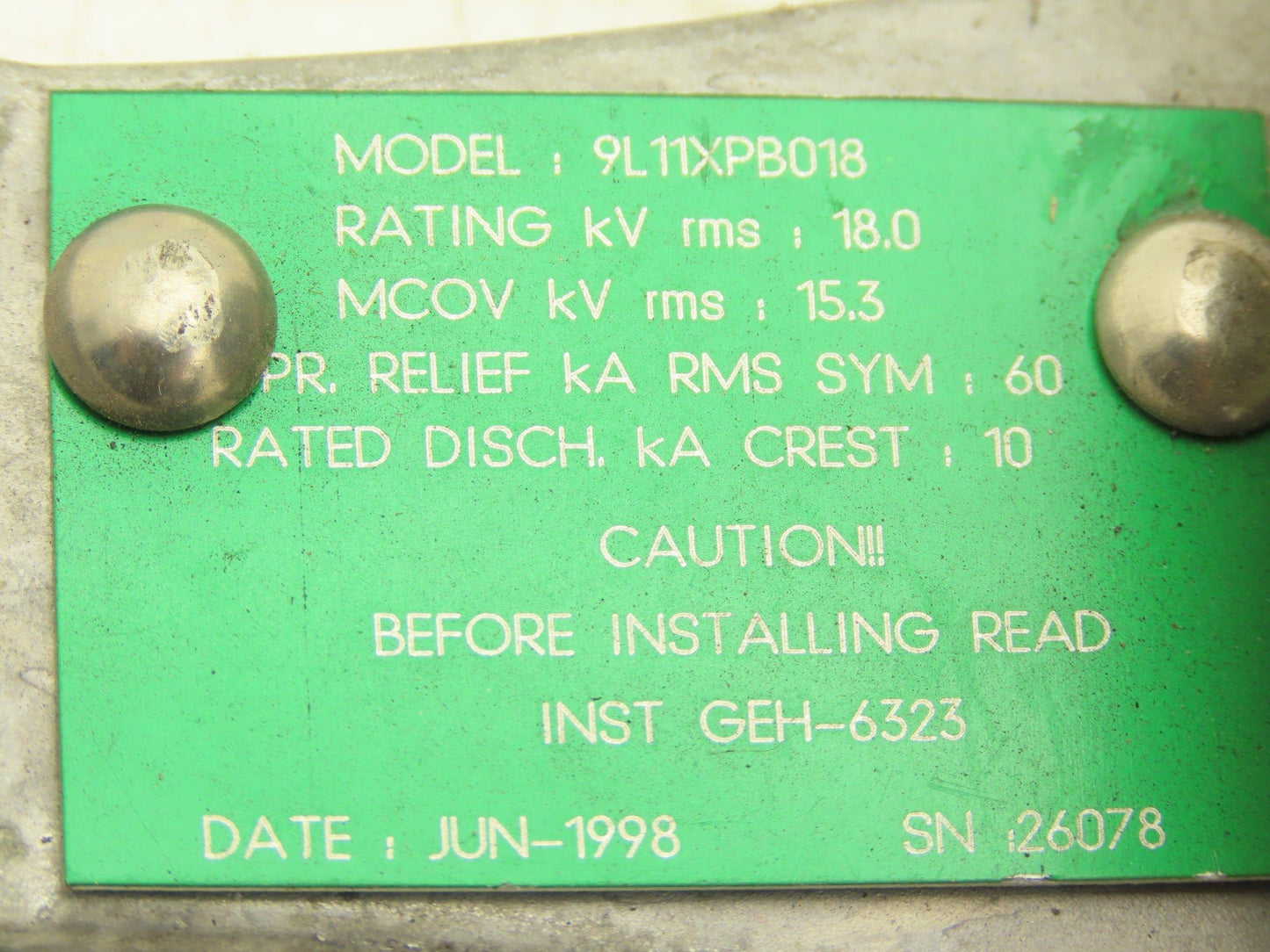 GE 9L11XPB018 Tranquell XEP Surge Arrestor Rating 18kV MCOV 15.3kV RMS