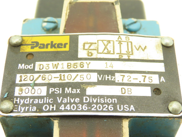 Parker D3W1B56Y Hydraulic Directional Solenoid Valve 120v 60Hz 0.72A 3000psi