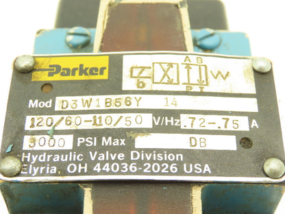 Parker D3W1B56Y Hydraulic Directional Solenoid Valve 120v 60Hz 0.72A 3000psi