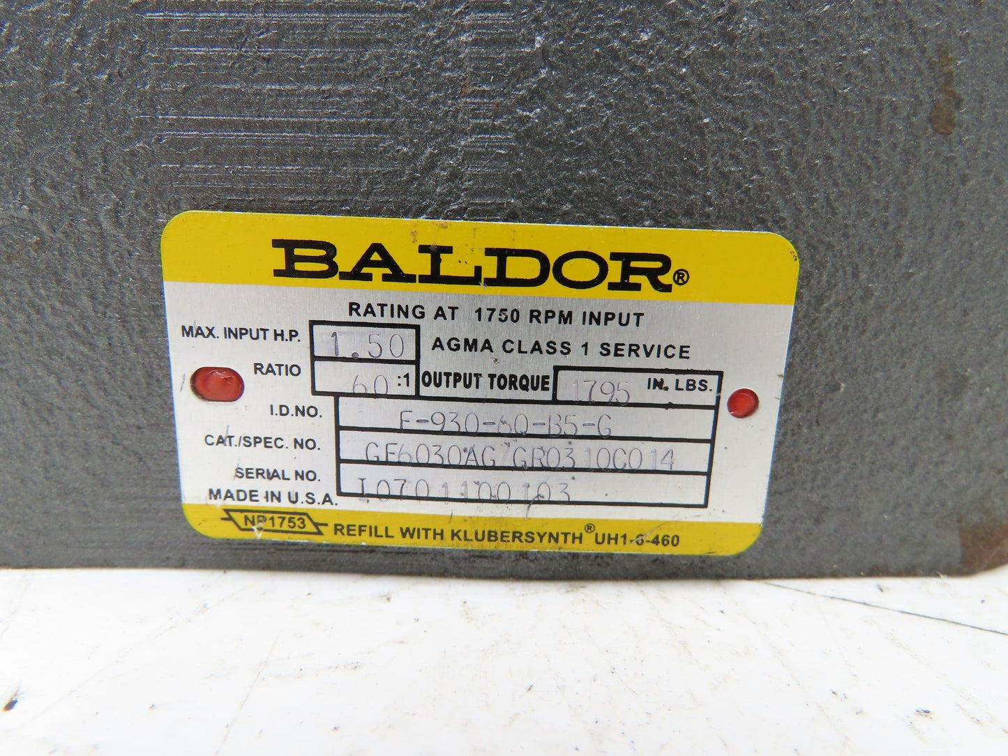 Baldor F-930-60-B5-G Worm Gearbox 60:1 Reducer 1.5Hp 29rpm 56C LH Output