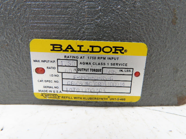 Baldor F-930-60-B5-G Worm Gearbox 60:1 Reducer 1.5Hp 29rpm 56C LH Output