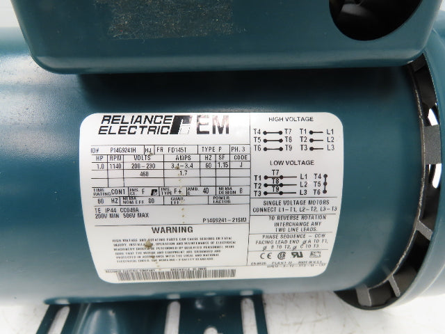 Reliance Electric P14G9241H EM AC Motor 1Hp 1140rpm 208-230/460V 3PH FD145T