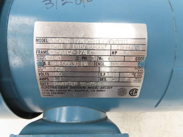 Electra Gear CK50TC-17ALC510LE Gearmotor 10:1 Ratio 173rpm .5Hp 480V 3PH 56C LH