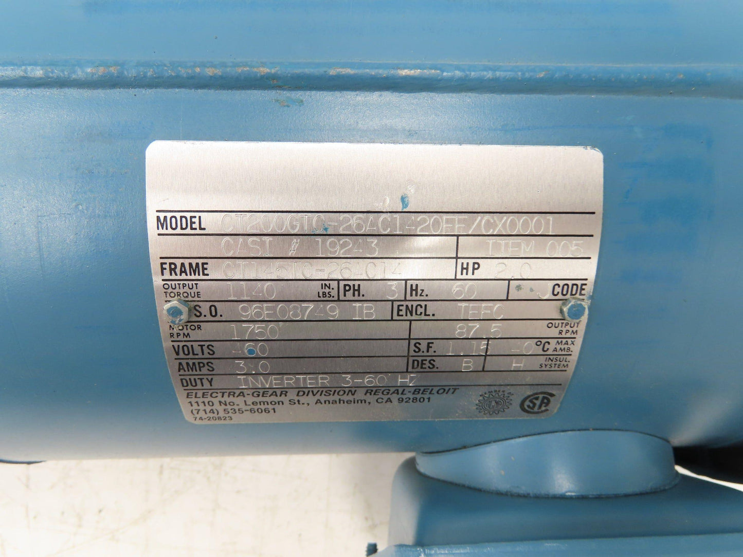 Electra Gear CT200GTC-26AC1420EE Gearmotor 20:1 Ratio 88rpm 2Hp 460V 3PH 145T RH